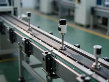 Close up of an automated industrial conveyor line with stainless steel joints and sensors, modern factory floor background, dramatic side lighting