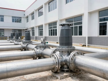 Wide angle shot of massive water pumps and steel piping inside a modern municipal water treatment facility, clean architectural lines