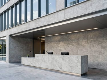 Modern corporate building interior showing a clean reception area with concrete-textured walls, steel accents, and architectural lighting, daylight.