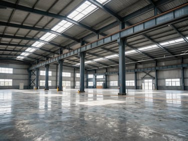 Wide shot of an industrial warehouse interior, polished concrete floor reflecting steel roof trusses, daylight streaming through high windows, sharp focus.