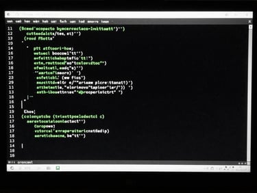A flat-on screen capture of code terminal lines with green accents on a stark black monitor.