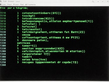 Low-fi screen capture of a terminal window with green code on a dark screen, high-contrast monochrome, gritty texture