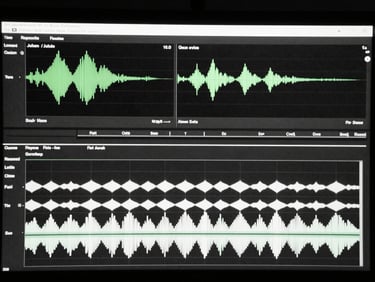 High-contrast monochrome flat-on screen capture of a video editing interface with sharp audio waveforms, terminal-green accents