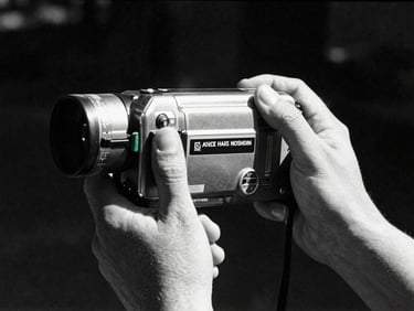 Grainy 35mm photo of hands holding a vintage video camera, harsh direct sunlight, high-contrast black and white