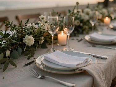 Close-up of a luxury wedding table setting, linen textures, local flora, warm candlelit evening scene, shallow depth of field, 35mm.