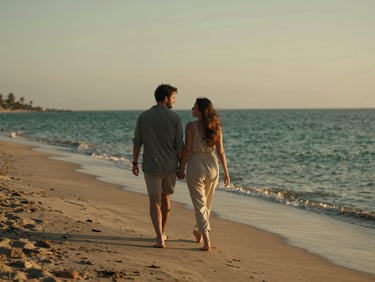 Intimate candid shot of a couple walking along a quiet Riviera Maya beach at sunset, warm golden-hour light, cinematic atmosphere.