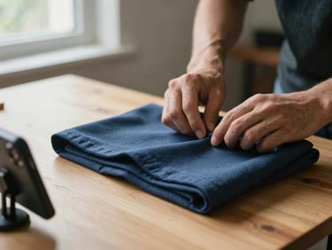 Close-up of creator's hands styling a folded garment on a light wooden surface, natural window light from the left, fabric texture visible, a phone propped beside it mid-filming — work in progress, no faces, quiet and deliberate