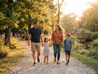 Candid medium shot of an active family walking through a sunlit Indiana park, warm golden-hour light, 35mm photography