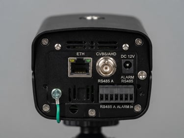 Direct eye-level macro shot of a sleek black security camera housing with ports clearly visible, bright even studio lighting, neutral gray background, 50mm.