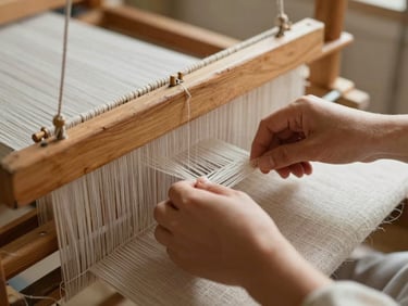 Detail of hands operating a wooden loom, raw linen threads, soft side-lighting, shallow depth of field, 35mm