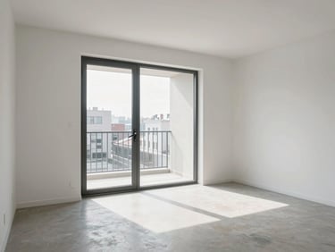 Close-up wide-angle interior of an empty studio apartment, large glass door opening to a small balcony with city rooftops visible beyond, natural window light, white walls, clean minimal space