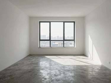 Wide-angle shot of a sunlit apartment bedroom with large window, bare white walls, polished concrete floor, natural daylight casting clean shadows, minimal and empty, architectural framing