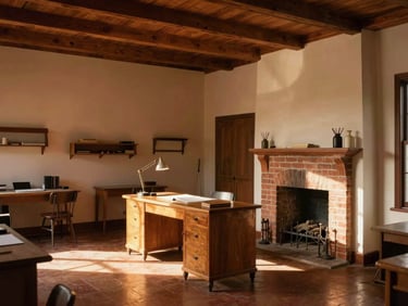 Warm interior of a colonial studio apartment, high wooden ceilings, brick fireplace, writing desk under warm lamplight, rich shadows