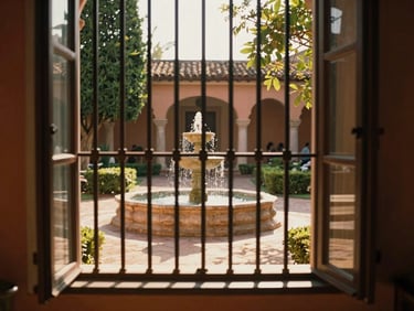 View from inside a colonial suite looking out through a wrought-iron window grate to a lush courtyard fountain, golden hour sun