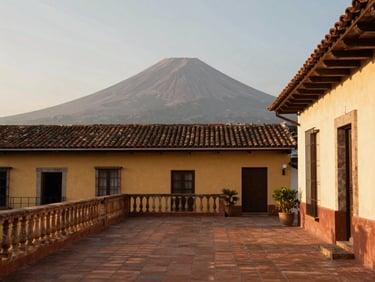 Private terrace of a colonial apartment in Antigua Guatemala, view of the majestic Agua volcano in the background, soft morning light, terracotta tiles