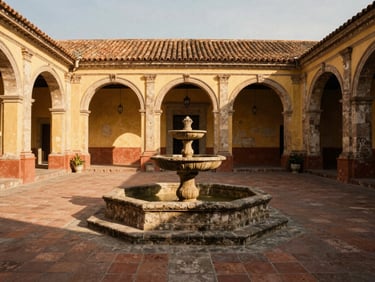 Medium-wide architectural shot of a central courtyard in Antigua Guatemala, sun-drenched stone fountain, terracotta tiles, rich shadows, warm golden-hour light.