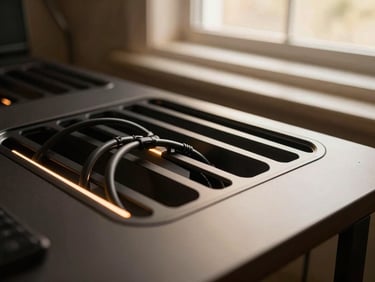 Detail shot of a gaming desk's integrated cable tray, showing organized wires, subtle LED glow, warm architectural photography, natural window light.