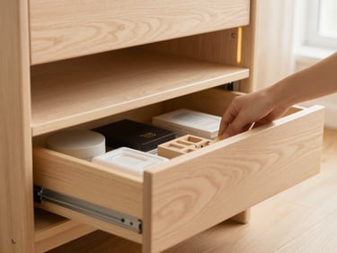 A teen's hand opening a soft-close drawer on a storage bed, revealing organized items, warm birch interior, natural light, architectural photography.