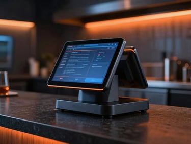 Sleek modern POS terminal on a dark restaurant counter, kitchen display screen glowing in the background, warm orange and cool blue studio lighting, 35mm
