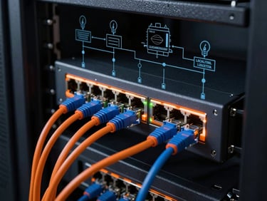 A sleek, glowing local network switchboard in a dark server room, orange and blue ethernet cables neatly routed, technical diagram overlay of local LAN nodes, high-contrast studio lighting, 35mm.