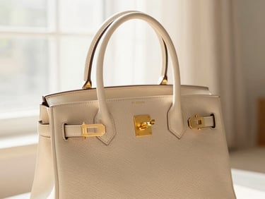 Warm editorial photography of a minimalist cream leather handbag with gold hardware, soft morning window light, shallow depth of field, 35mm