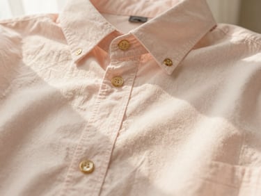 Close up of a premium soft pink cotton shirt with delicate gold button details, warm morning light, texture-focused editorial photography