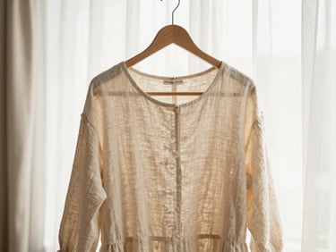 Warm editorial photography of a neutral-toned linen dress on a wooden hanger, soft morning window light, shallow depth of field, 35mm