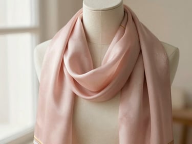 Warm editorial photography of a soft pink silk scarf draped elegantly, catching soft morning window light, shallow depth of field, 35mm