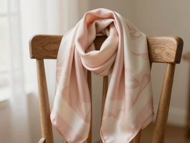 An elegant silk scarf with soft pink and cream patterns draped gently over a wooden chair.