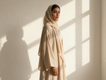 Elegant woman in a flowing beige linen abaya standing near a sunlit window, soft shadow patterns, warm minimalist editorial, 35mm