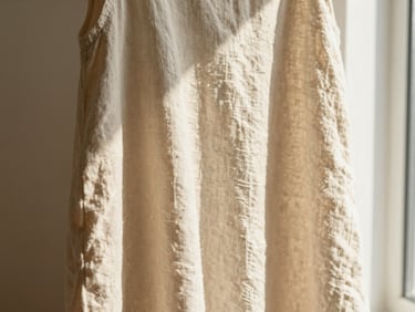 Close-up of a premium cream-colored linen dress hanging in warm morning window light, soft shadows.