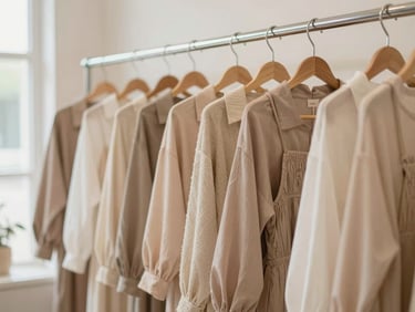 A curated clothing rack in our Ampang boutique featuring new arrivals in soft pastel and neutral tones.
