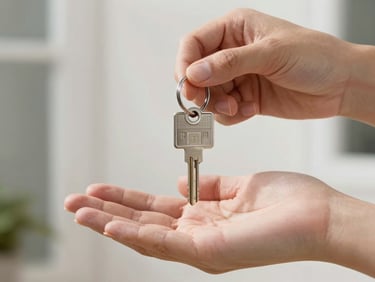 Close-up of hands handing over a modern house key, bright natural daylight, clean composition