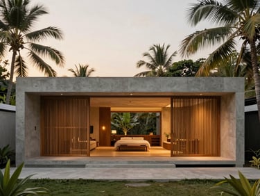 Wide-angle architectural photograph of a modern tropical villa in Kerala at golden hour, featuring concrete walls, warm teakwood screens, integrated soft lighting, and lush palm foliage, shot on 35mm lens.