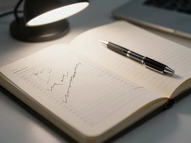 Close-up of a financial analyst's notebook open on a desk, annotated index chart printout beside a mechanical pencil, cool neutral overhead light, shallow depth of field, no faces