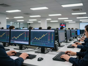 Wide panoramic view of a commodities trading floor, screens showing crude oil and gold price curves, cool fluorescent light, traders' hands visible over keyboards, no identifiable faces, industrial depth