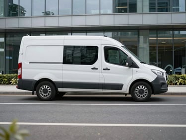 Wide three-quarter front profile of a white passenger van parked on a smooth empty road near a modern glass office building, bright overcast daylight, no people
