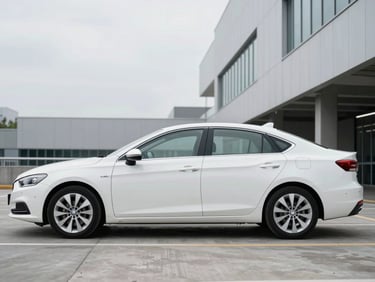 Wide three-quarter front profile of a clean white mid-size sedan parked on a smooth concrete surface in a modern urban parking structure, bright overcast daylight, no people