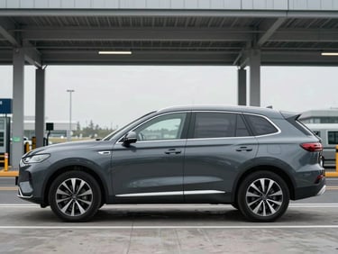 Wide three-quarter front profile of a dark gray full-size SUV parked at a modern airport drop-off lane, clean studio-quality overcast lighting, no people