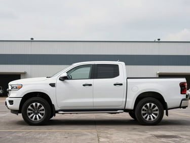 Wide three-quarter front profile of a white double-cab pickup truck parked on a clean paved surface with a modern industrial building in the background, bright overcast daylight, no people