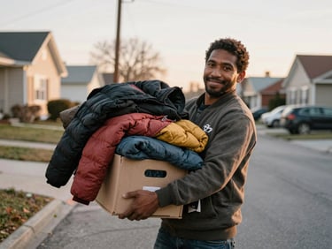 Candid shot of a volunteer carrying a crate of winter coats outdoors, neighborhood street background, soft daylight, 35mm