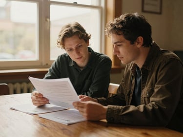 Candid shot of two people sitting at a wooden table reviewing educational papers together, warm window light, authentic connection, 35mm