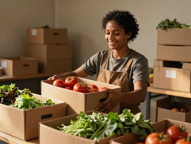 Candid medium shot of a volunteer smiling while packing cardboard boxes with fresh tomatoes and leafy greens, warm indoor lighting, 35mm