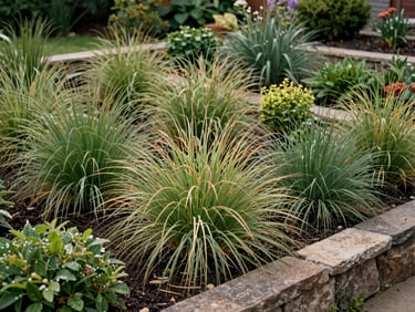 Wide shot of a planting bed in its second season — ornamental grasses and native shrubs established along a stone edge, overcast afternoon light, no flowers in peak bloom, honest mid-season growth