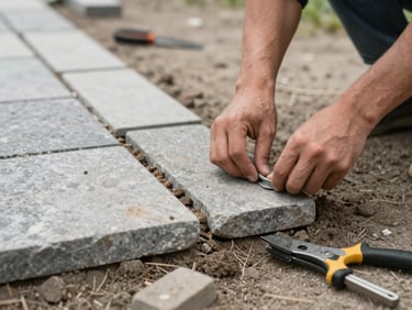 Close-up of hands setting a flat fieldstone into a dry-laid patio border, soil visible between joints, overcast daylight, tools resting nearby on raw ground