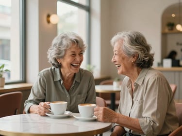 Two senior friends laughing together over coffee in a bright, modern, and warm communal lounge.