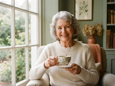 A bright, warm-toned portrait of an elegant senior woman smiling, holding a ceramic teacup near a large sunlit window, soft morning light, sage green wall in background, elegant interior.