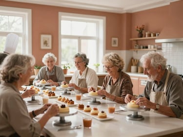 Seniors participating in a pastry workshop with a professional chef, bright elegant kitchen, warm terracotta details, natural lighting, joyful atmosphere.
