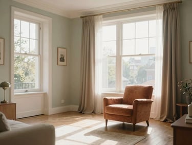 Bright and spacious apartment living room styled with elegant personal decor, large windows letting in soft morning sunlight, a comfortable armchair, clean and warm interior.