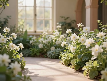 A beautifully landscaped garden path with lush green plants and blooming white flowers under soft golden sunlight.